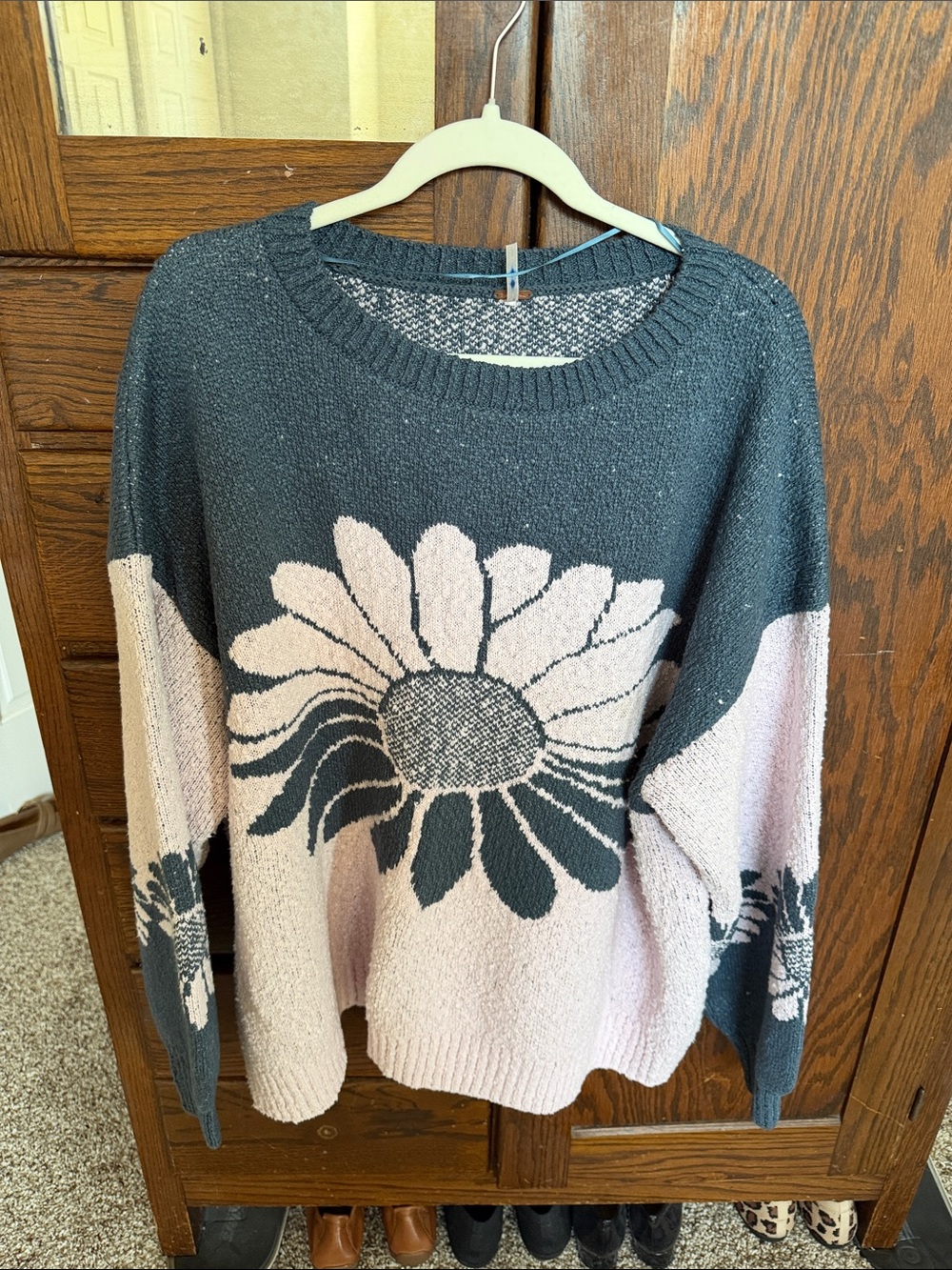 Free people Charcoal and Light Pink Daisy Knit Crewneck Sweater